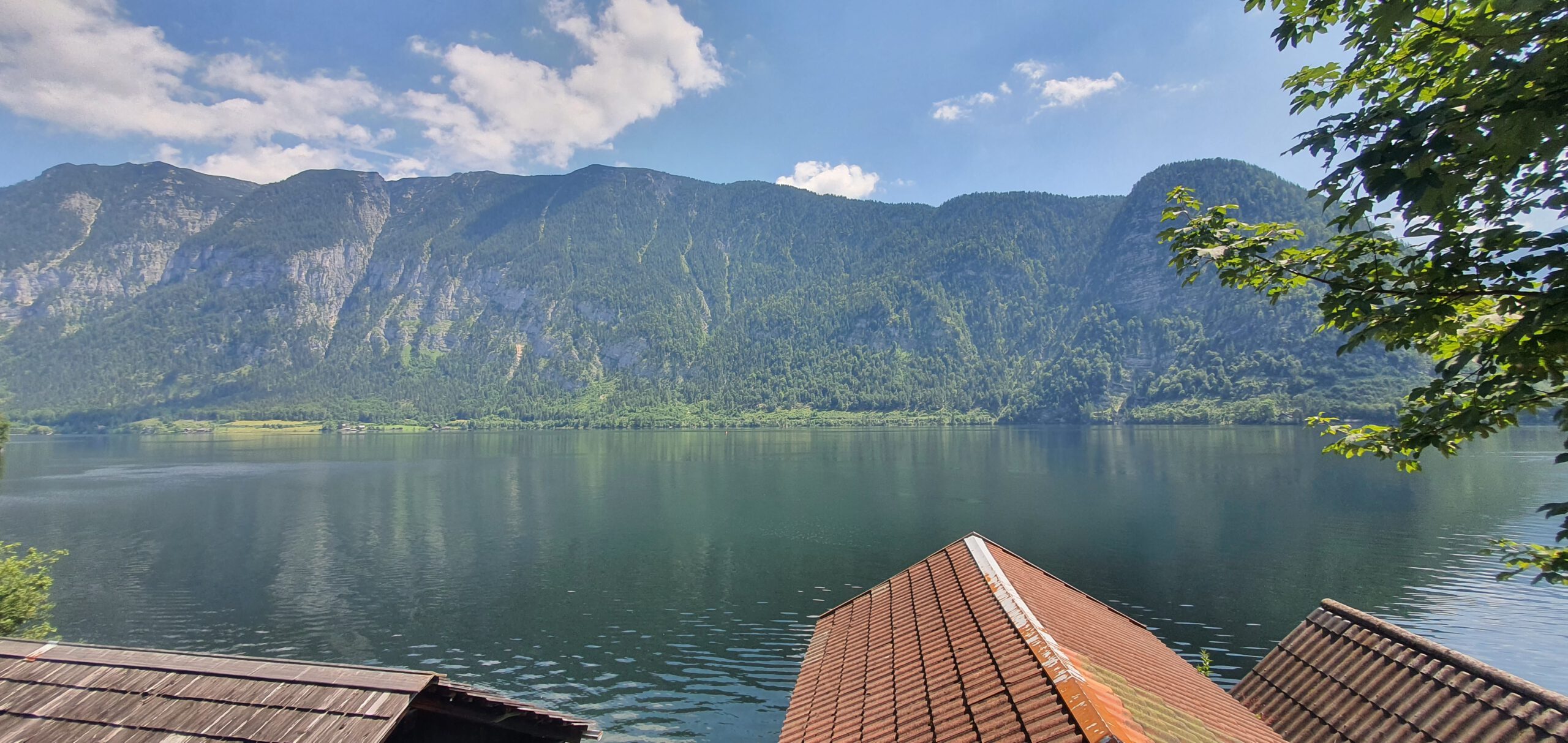 Blick auf einen See über Hausdächer Hinweg